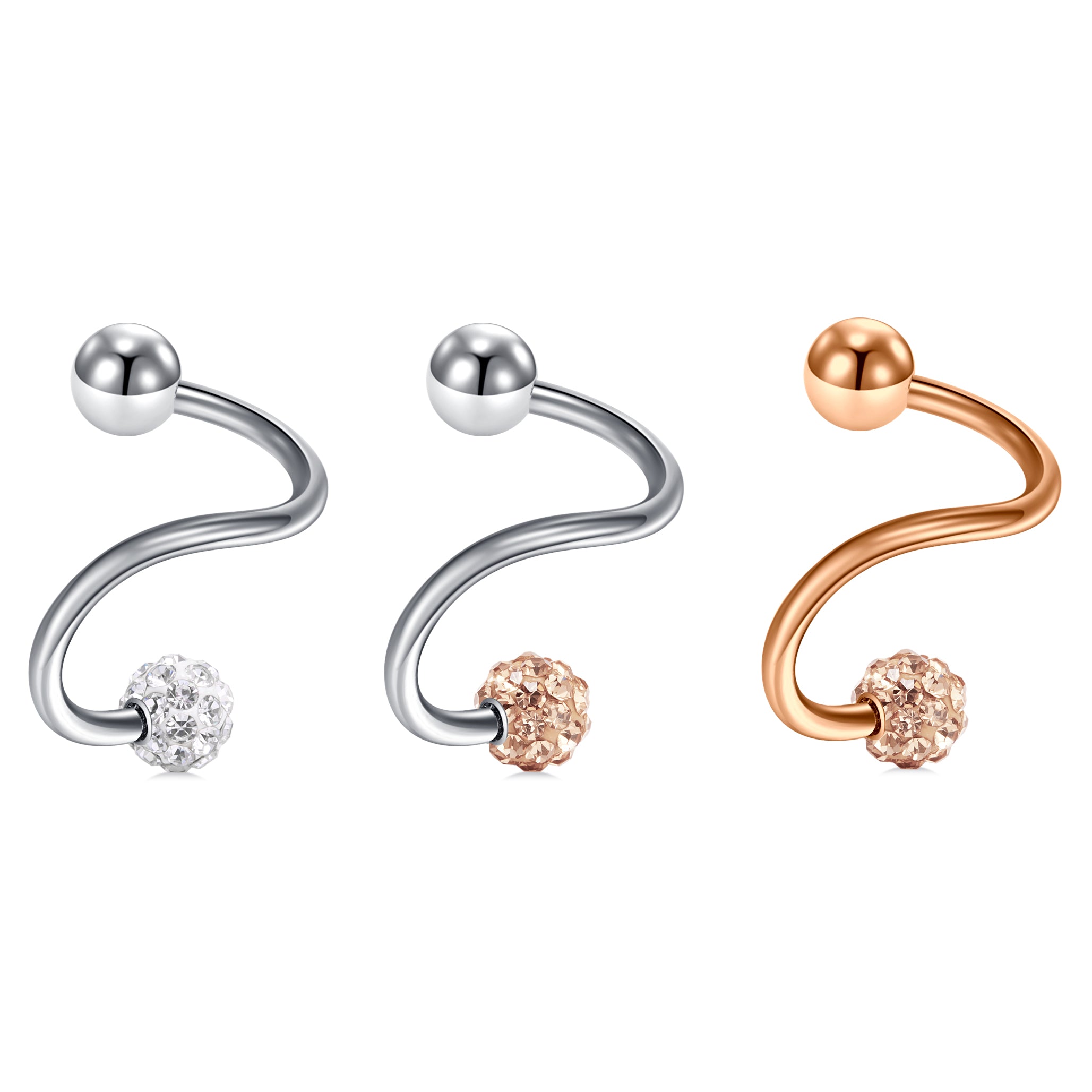 16G S Twist Crystal Ball Nose/Lip/Eyebrow Ring Helix/Tragus/Cartilage Earrings