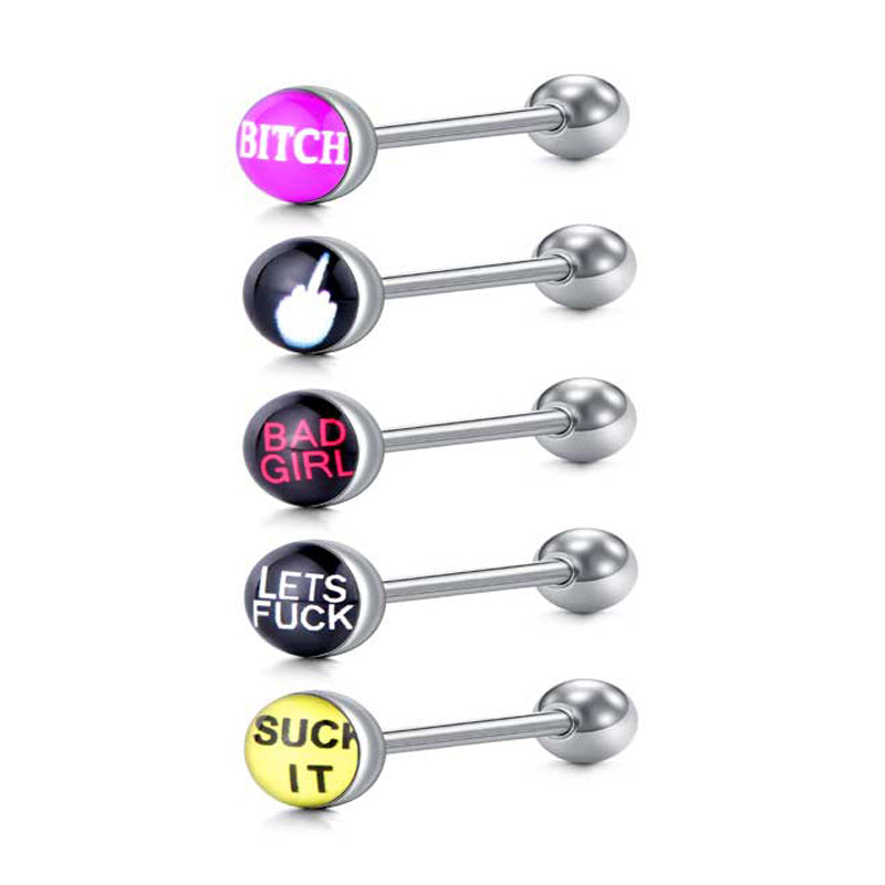 14 Gauge 16mm Tongue Rings with letter Straight Barbells Surgical Steel Tongue Piercing Jewelry