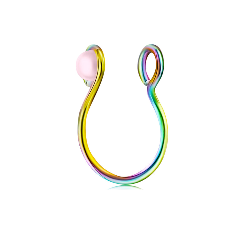 Two Small Circles Pink Pearls Fake Nose Ring Hoop