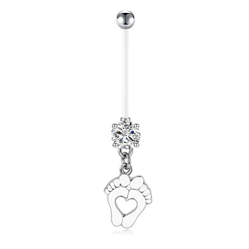 White CZ Feet Pregnancy Belly Ring 14G 35MM