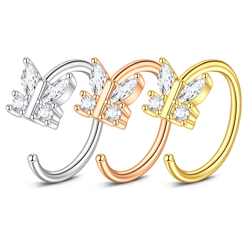18G 8MM Nose Rings Hoop Surgical Steel Diamond Nose Hoop Rings Butterfly Hoop Nose Piercing