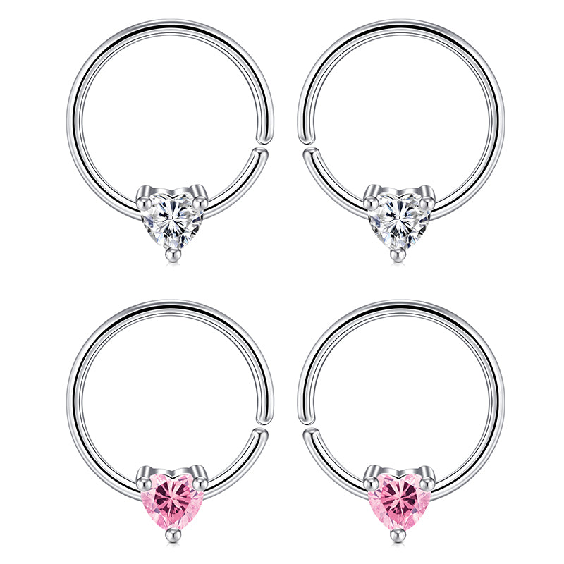 16G 10MM Nose Rings Hoop Nose Septum Rings Pink Clear CZ Hoop for Left Right Ear Piercing