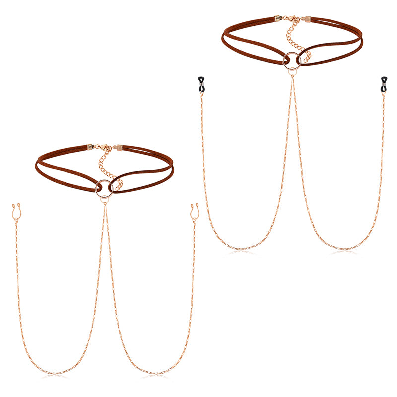 Rosegold Clips On Nipple Rings Fake Faux Nipplering with Necklace Choker Chian For Women Girls